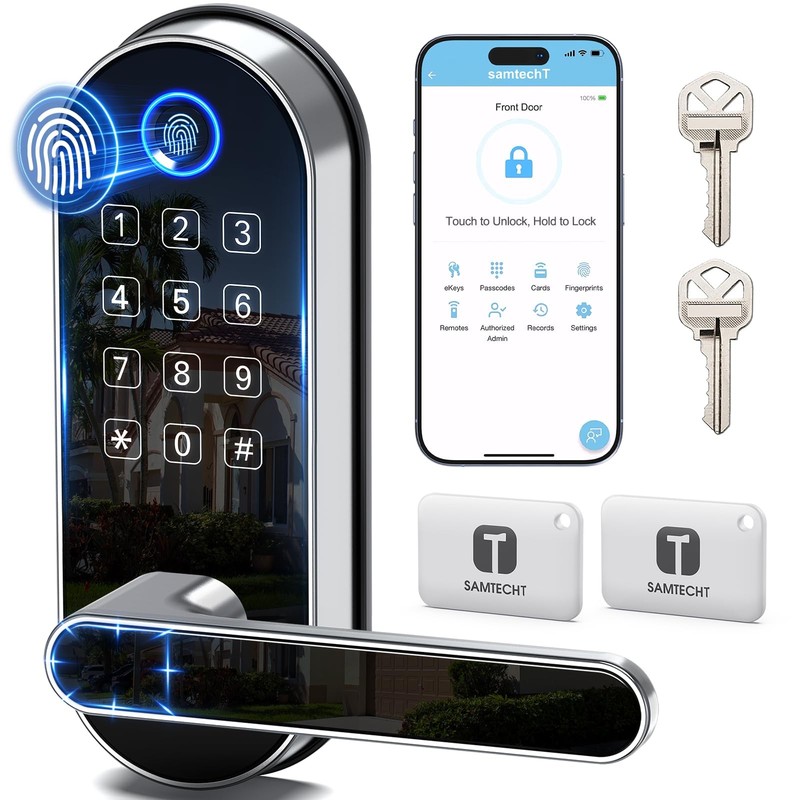 Bluetooth Fingerprint Smart Lock with Handle & Keypad – Fits Most US Doors, D…
