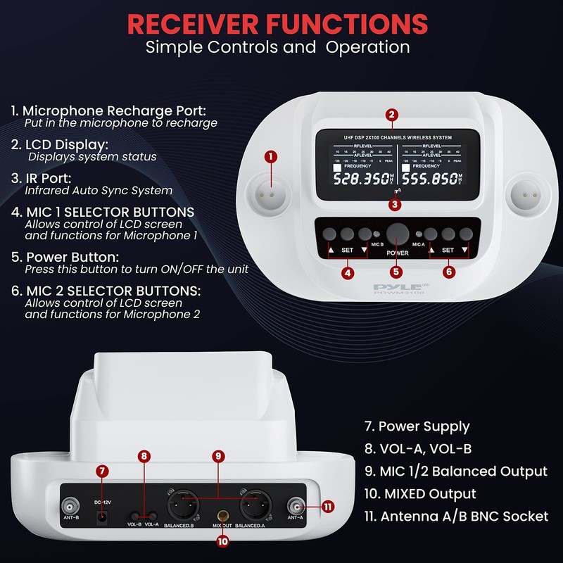 Pyle UHF Wireless Microphone System – Bluetooth Receiver with 2 Rechargeab gallery