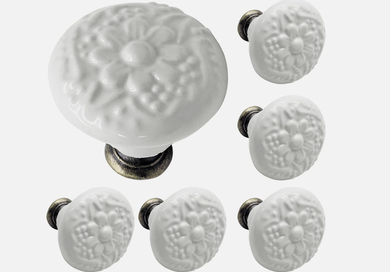 6 Pcs White Ceramic Kitchen Cabinet Knobs and Pulls, Retro Vintage Round KNAIHAB