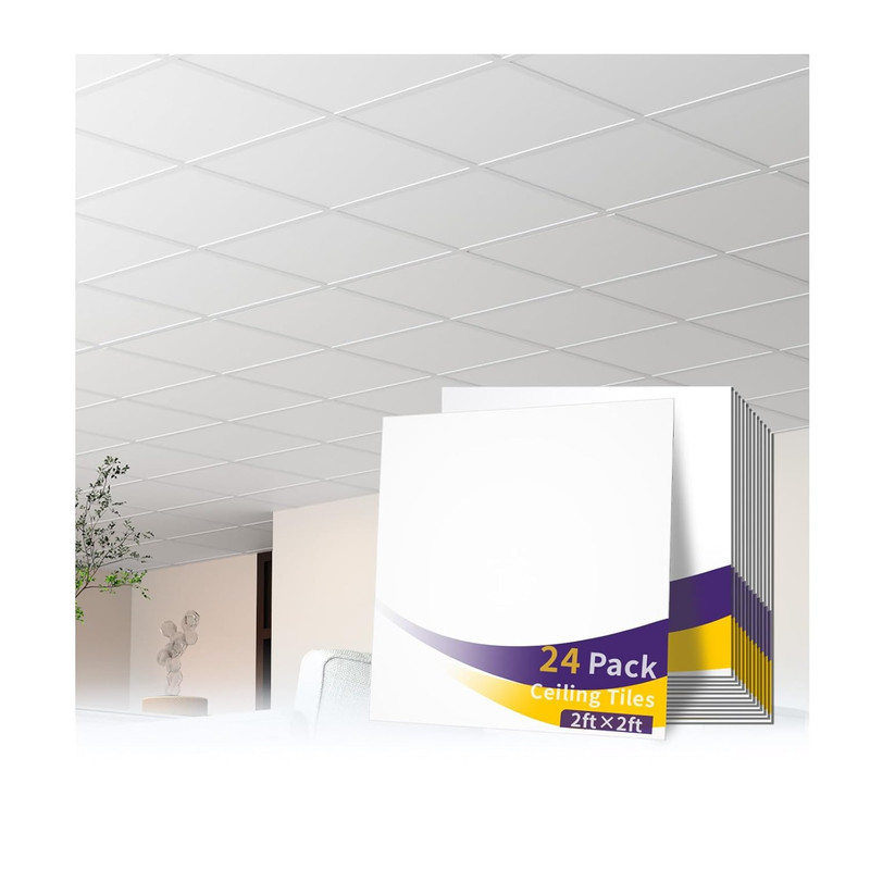 24 PCS 2×2 Ft Waterproof PVC Ceiling Tiles – Fire-Rated & Durable, White