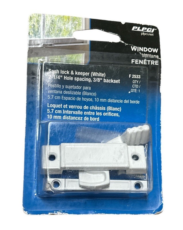 PLPCI Window Sash Lock & Keeper (White) 2-1/4” Hole Spacing, 3/8” Backset F 2533
