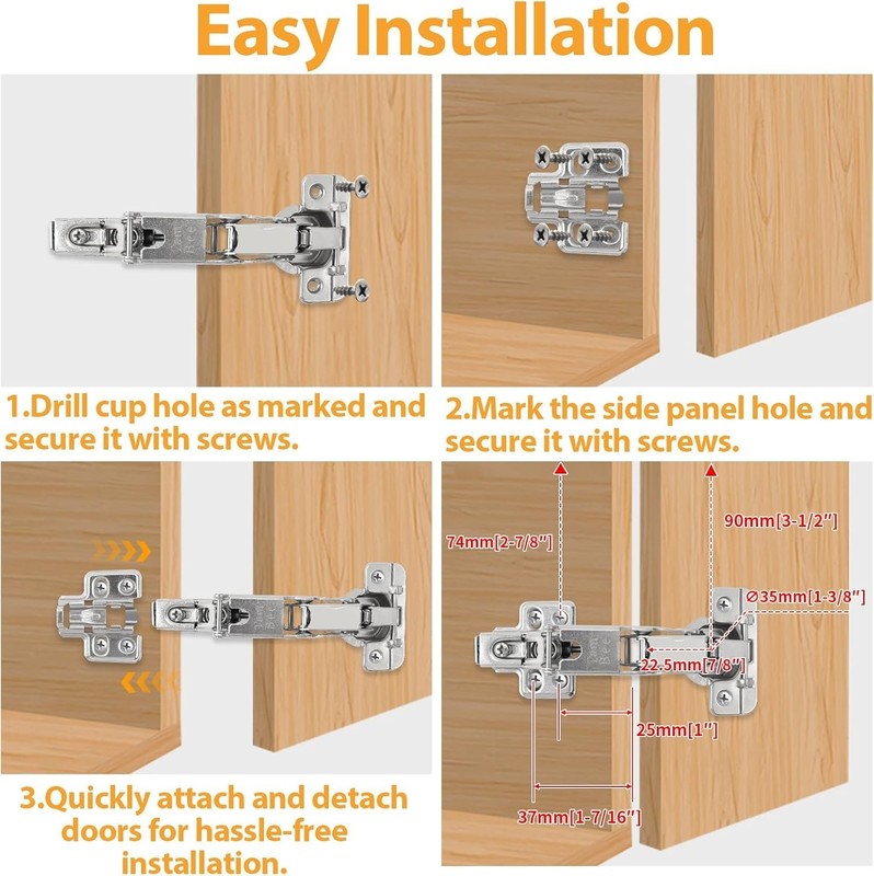 Adjustable 175° Soft Close Hinges in Nickel-Plated Steel – 48mm Spacing, 2 Pcs gallery