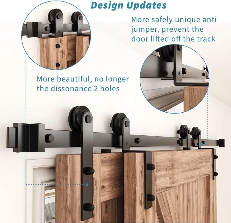 Rustic 6FT Bypass Barn Door Track Kit - Low Ceiling Black Steel Roller Hardware gallery