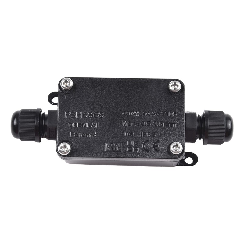 240V Black Waterproof Junction Box with 2 Ports for Outdoor Applications gallery