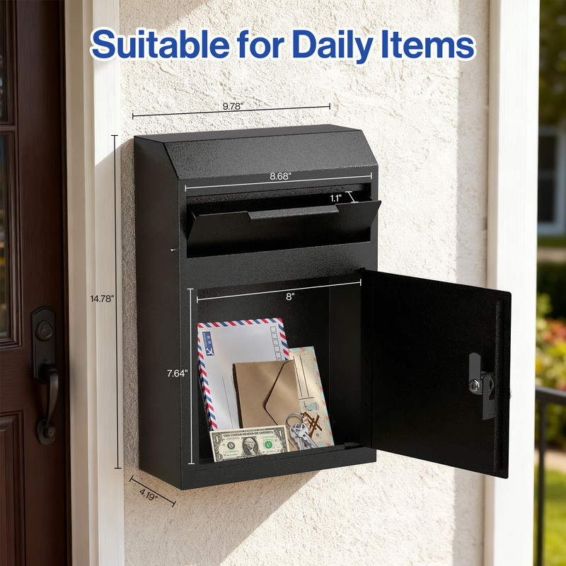 Mailbox Key Drop Box Front Locking Cabinet Anti-Theft Heavy Duty Steel Black gallery