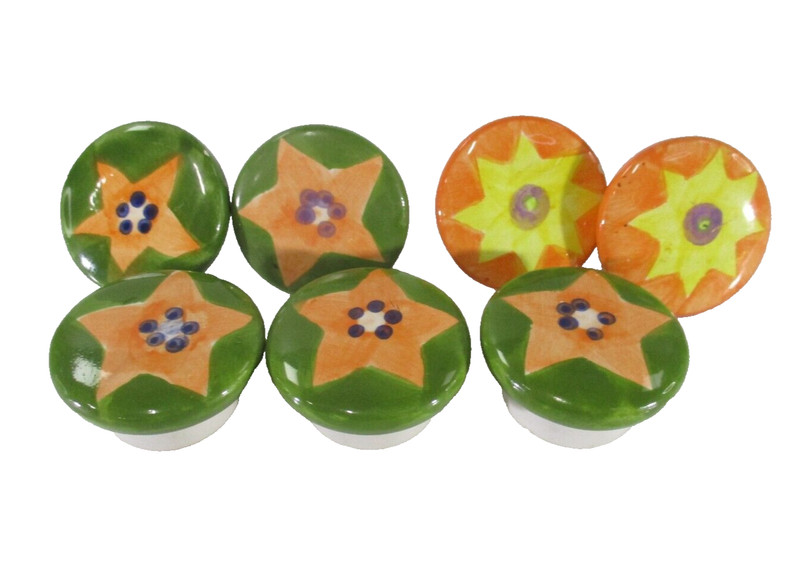 Handpainted Ceramic Decorative Drawer or Door Knobs x7 Green and Orange Floral