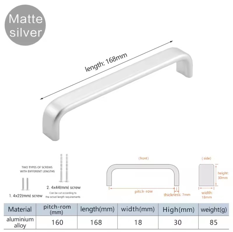 Hardware Pull Drawer Handle 168mm Matte Silver Aluminum Wardrobe + Screws