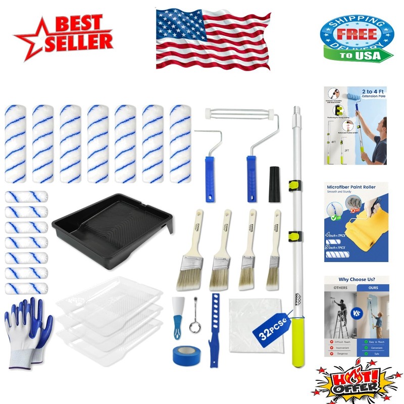 32PCS Professional Painting Kit: Adjustable Extension Pole & Microfiber Rollers