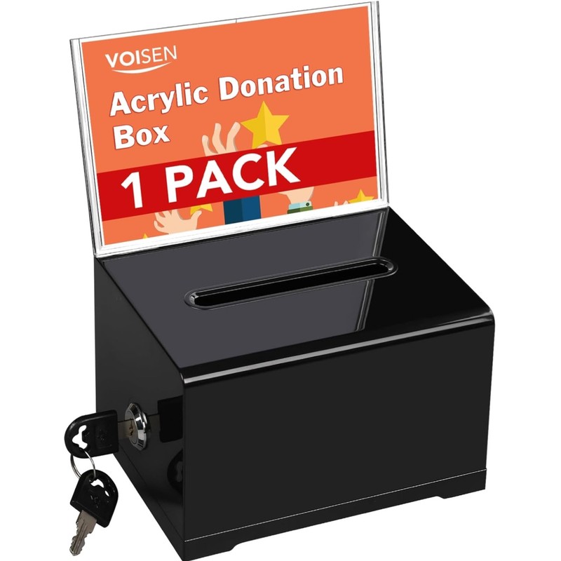 Acrylic Donation Box with Lock, Black Suggestion Box 6.2x4.6x3.9 Inch