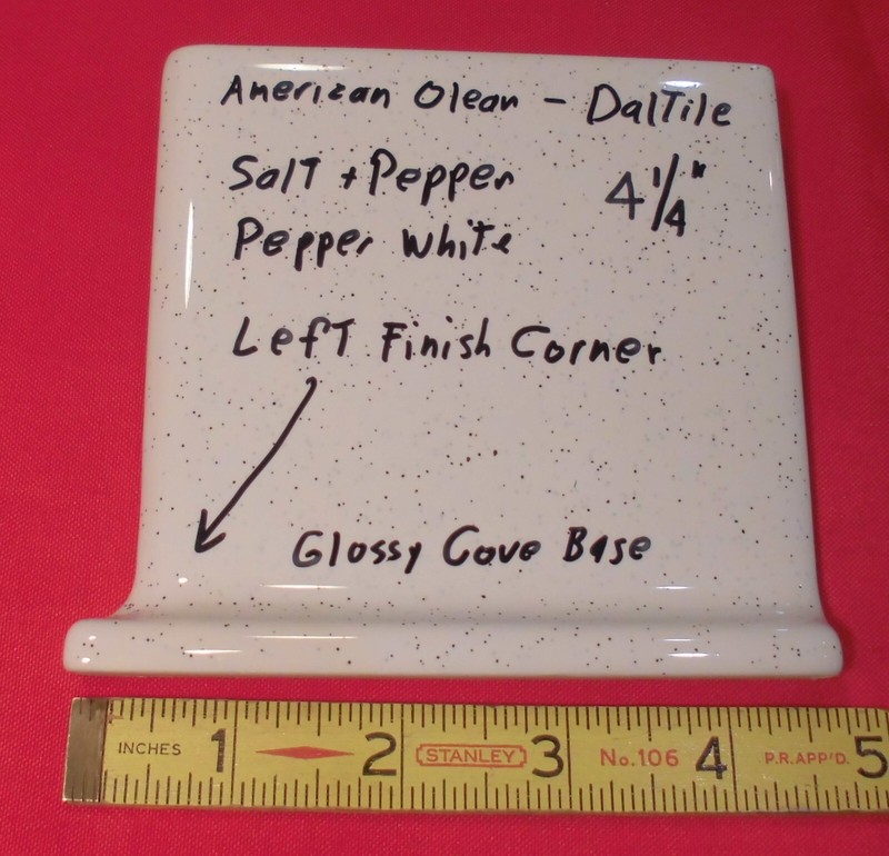 1 pc. Salt & Pepper: Left Finish Corner, Cove/Base Ceramic Tile 4-1/4″ Flat Top