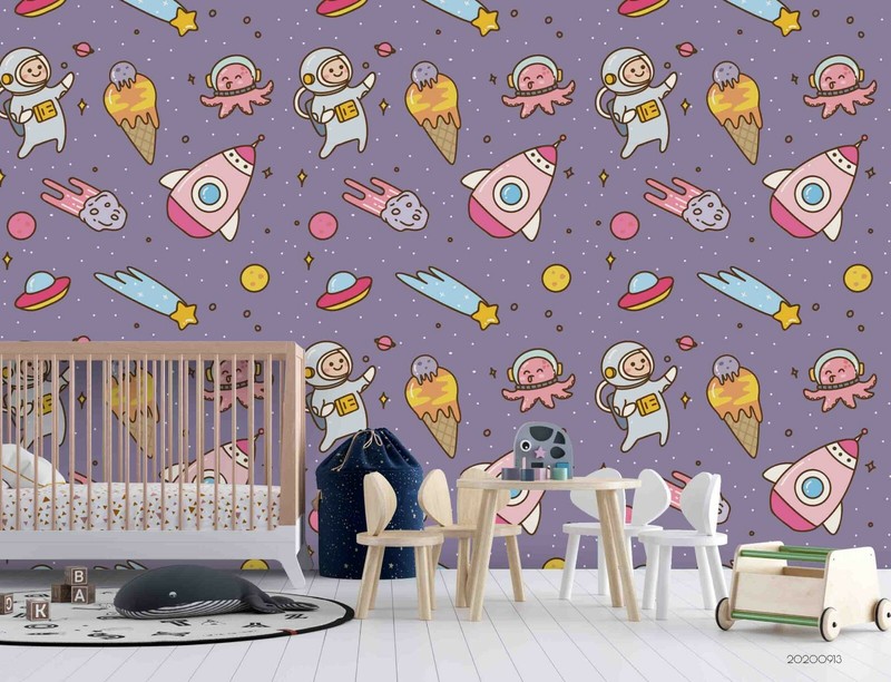 3D Cartoon Astronaut Rocket Purple Self-adhesive Removable Wallpaper Murals Wall