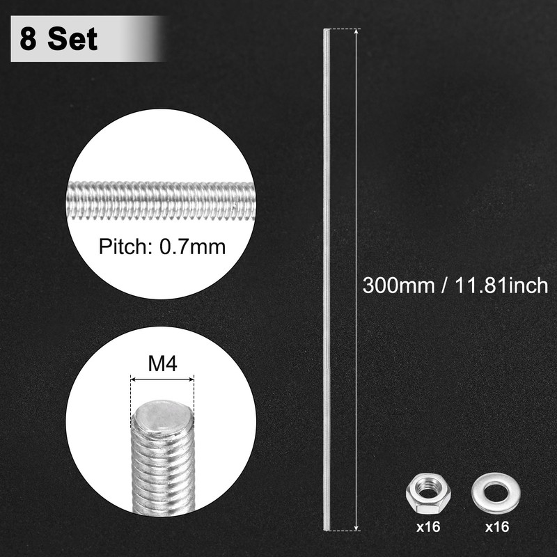 8-Pack Fully Threaded Rod, M4x300mm 201 Stainless Steel Right Hand with Nuts gallery