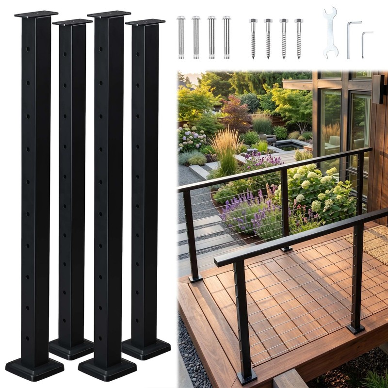 Yescom 4x Black Cable Railing Post 36″ Horizontal Deck Railing Pre-Drilled Post