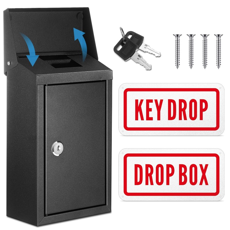 Metal Mount Wall Donation Box Key Lock Money Cash Drop Box with Slot and 2 Pcs R