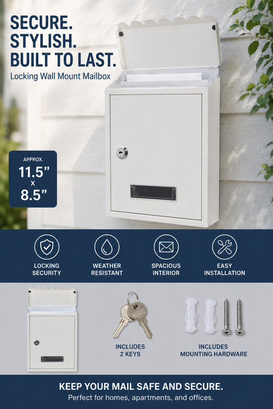 Mailbox Mail Box Wall Mount Locking Lockable Keys Galvanized Steel White 11"x8" gallery