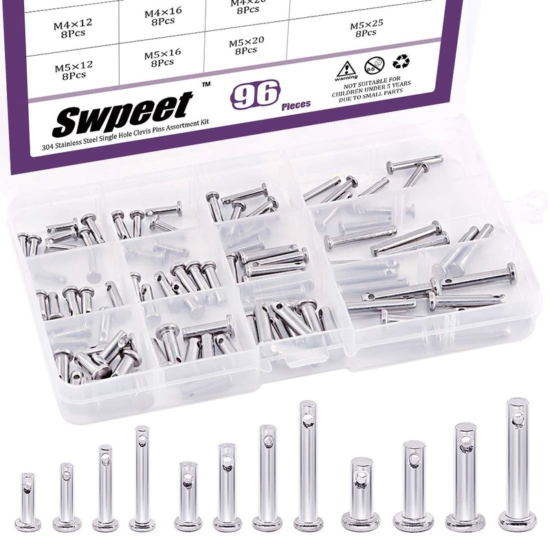 Swpeet 96Pcs Clevis Pin Assortment Kit, 304 Stainless Steel M3 M4 M5 Silver