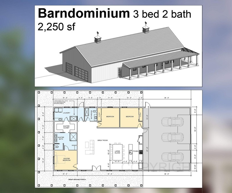 Redwood Barndominium House Plan Design - 3 Bed 2 Bath 2250 sq ft - Three Garage