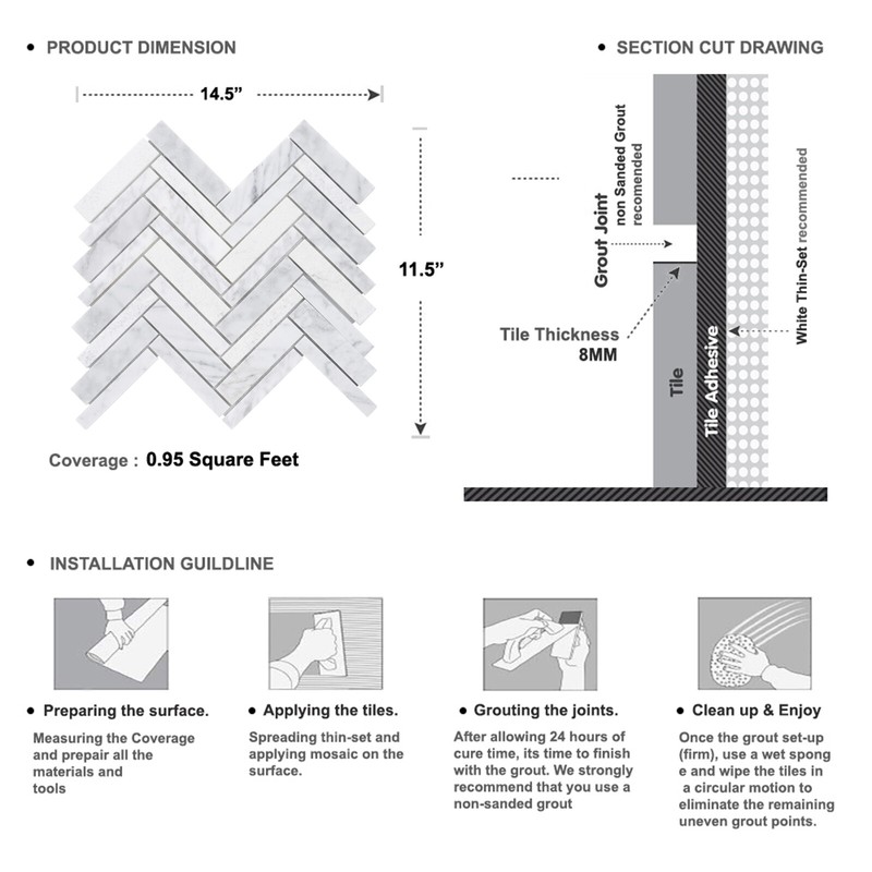 White Calacatta Stone Marble Texture Blended Herringbone Mosaic Tile Backsplash gallery