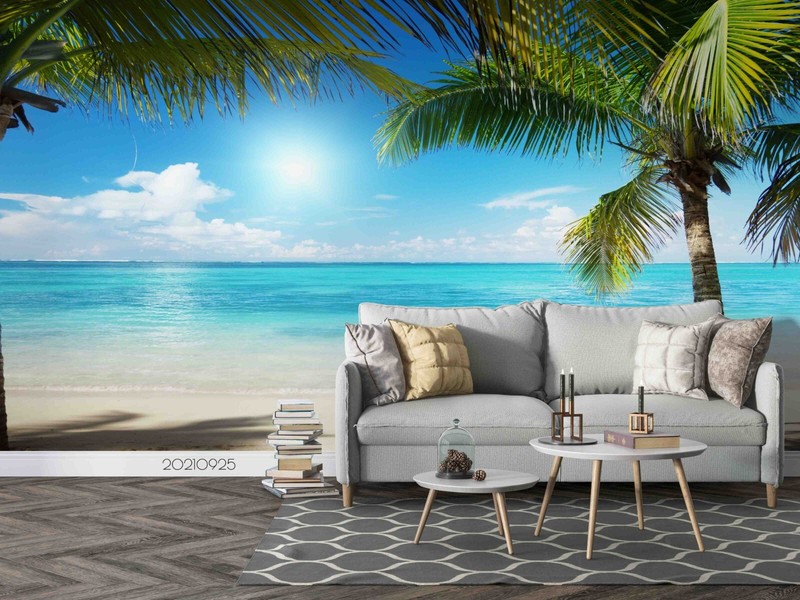3D Beach Palm Tree Sun Landscape Self-adhesive Removeable Wallpaper Wall Mural1 gallery