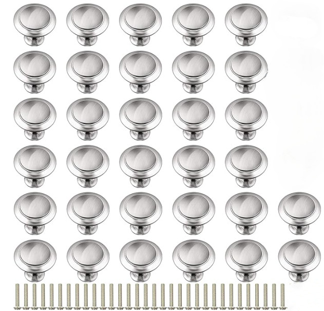 32 Round Ringed Cabinet Knobs with Screws for Drawer (Silver,0.9 Inch)