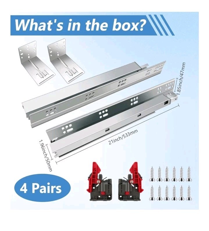 21 Inch Soft Close Undermount (Bottom Mount) Drawer Slides, 4 Pair Heavy Duty... gallery