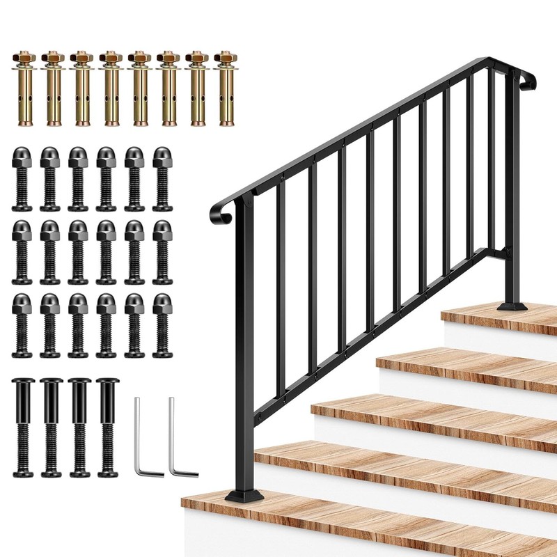 5-6 Step Wrought Iron Handrails,Outdoor Stair Railing Porch Post ,40″ Adjustable