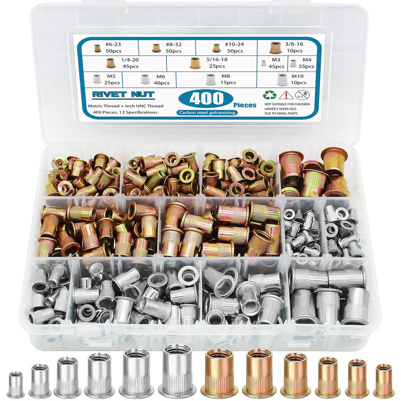 400Pcs Rivnuts Nutserts Kit, SAE & Metric Rivet Nuts Assortment UNC Threaded RIV