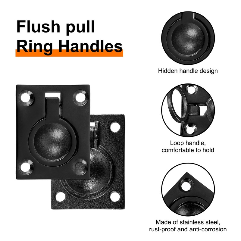2Pcs Flush Ring Pull, 1.89"x1.5" Square Recessed Door Pull with Screws, Black gallery