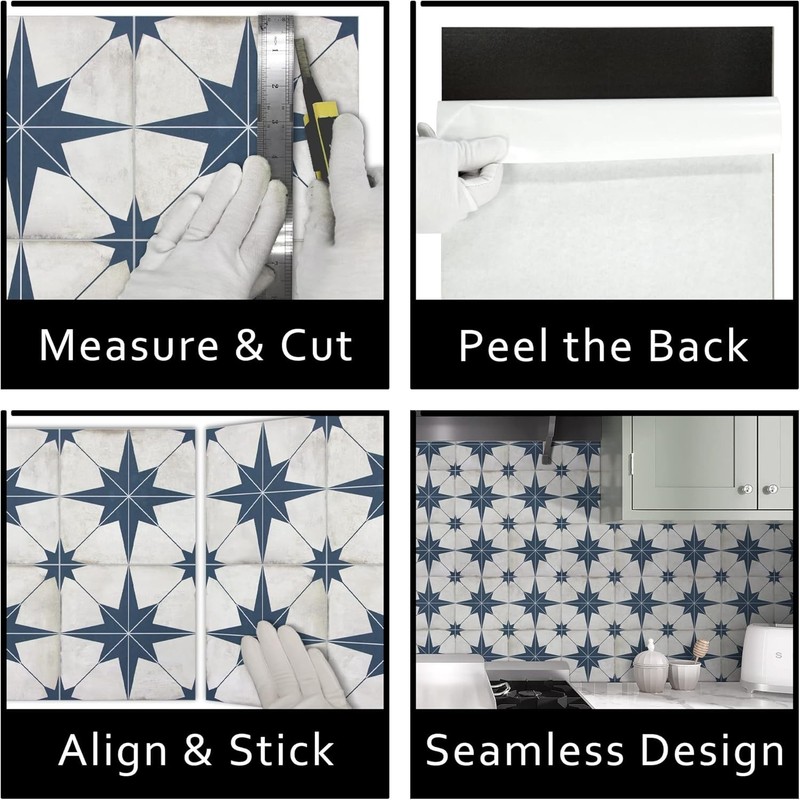 Blue Star Patterned Vintage Style Peel &Stick Backsplash 12x12in - 10 Sheets gallery