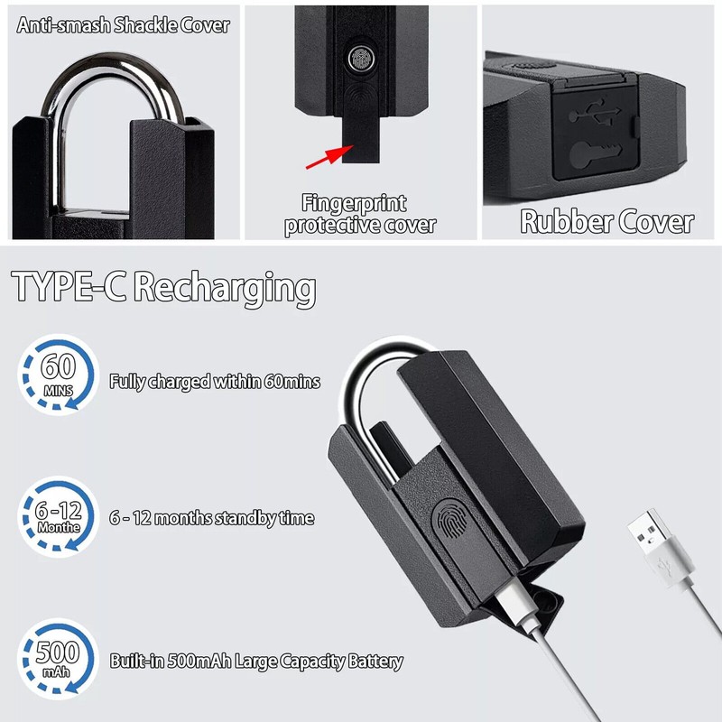 Smart Waterproof Bluetooth Fingerprint Padlock Locker Lock W/ 2 Keys Black gallery