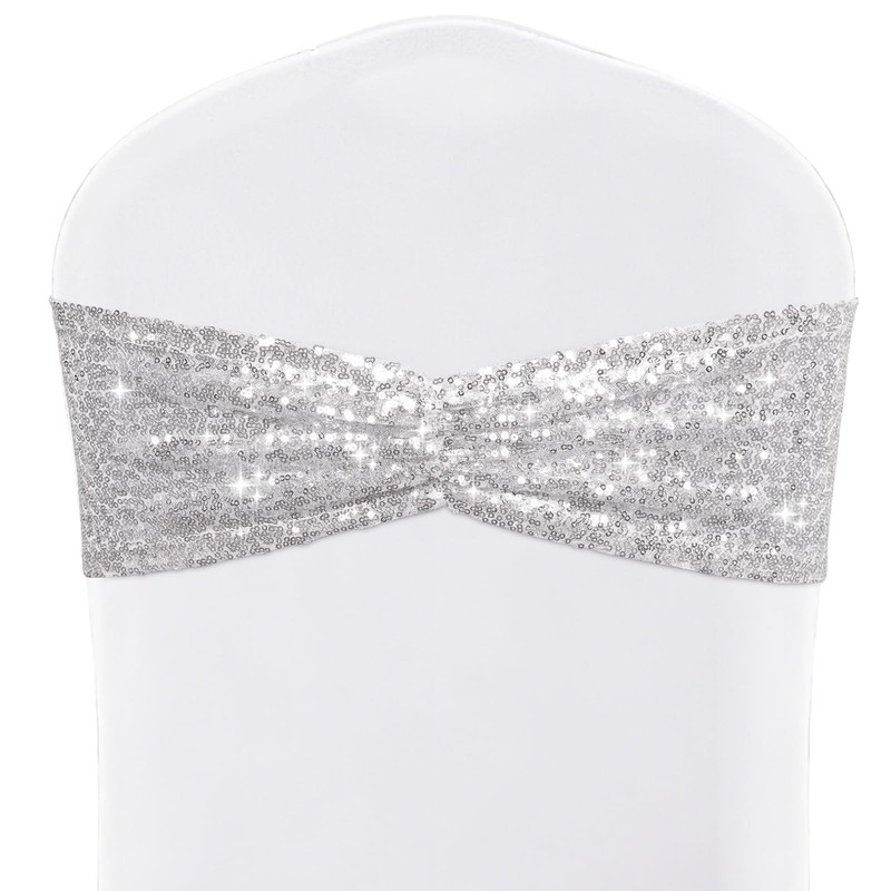 20 Pack Sequin Chair Sashes Shiny Silver Bows Bands Wedding Banquet Decor