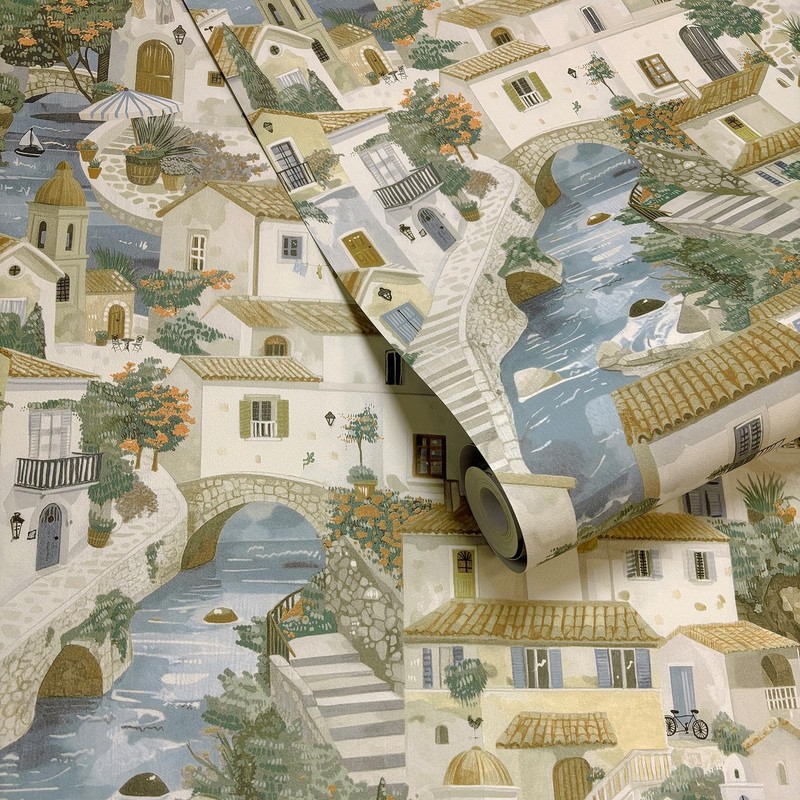Blue Green Wallpaper Roll Textured Painted Scene Italian Buildings Holden 14281
