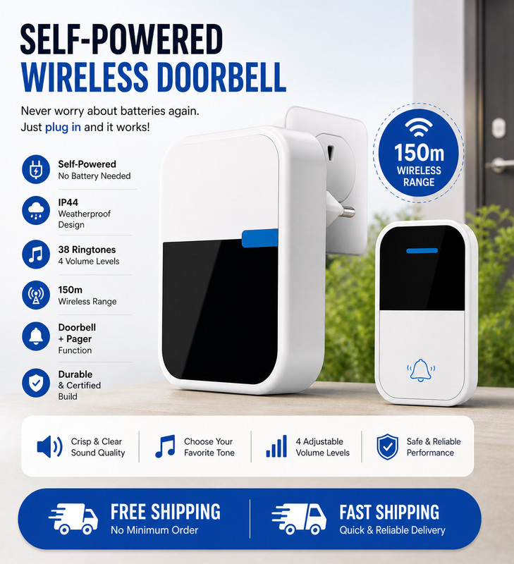 AUSHA Wireless Doorbell Self Powered IP44 Waterproof 150m Range 38 Ringtones