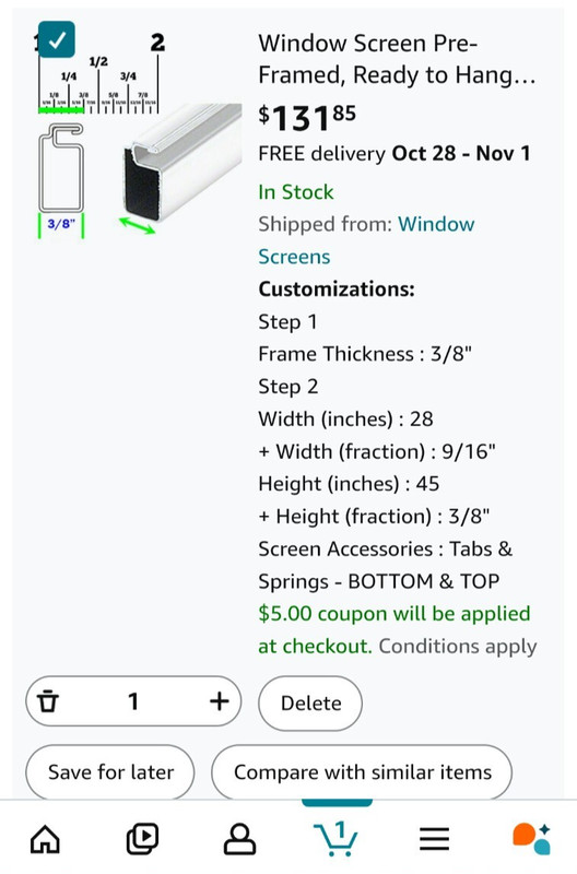 Replacement Window Screen Frame 28 + 9/16" x 45 + 3/8" (inches) || 3/8'' thick gallery