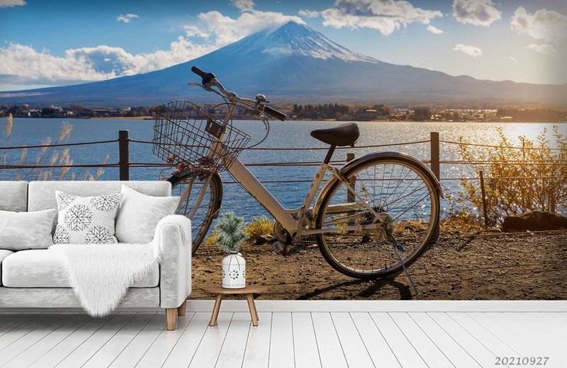 3D Mount Fuji River Bike Sunset Wallpaper Wall Murals Removable Wallpaper 33