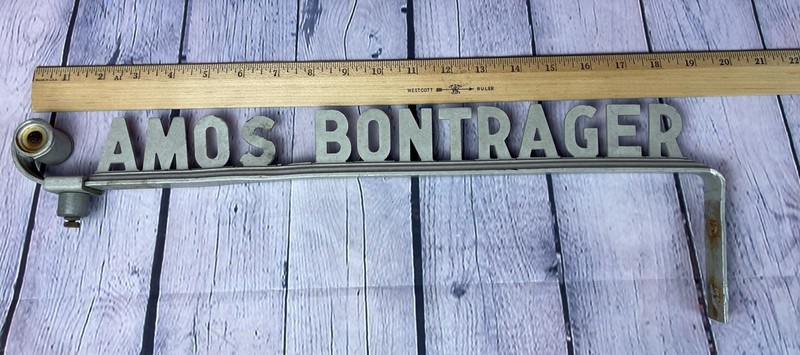 Vintage Metal Mailbox Topper Name Plate: “Amos Bontrager” Rural Farm Road Sign