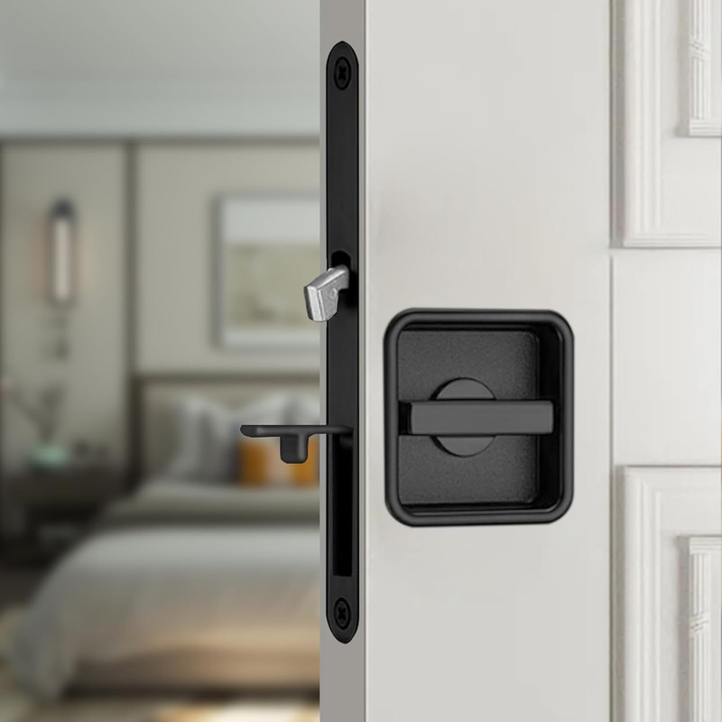 Black Pocket Door Lock Set – Privacy Handle & Recessed Latch for Wooden Doors