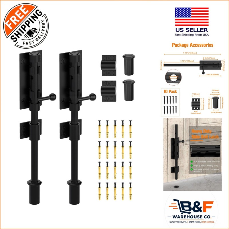 10″ Heavy Duty Slide Bolt Latch – Multi-Purpose Stainless Steel Gate Locks, 2pcs