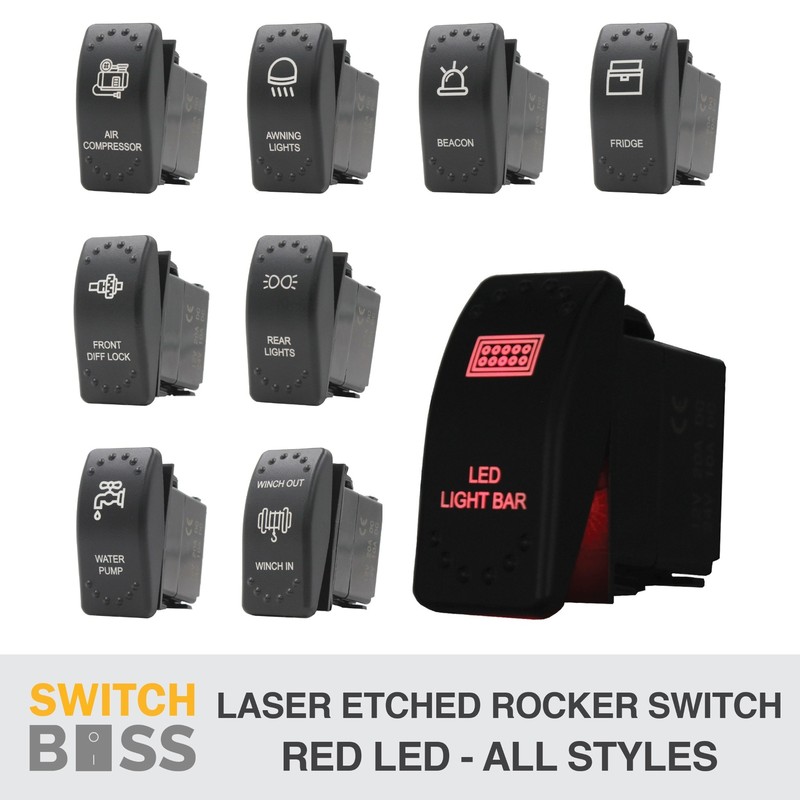 Red LED CUSTOM LASER ETCHED Rocker Switch 44 Styles Caravan Marine Boat Car 12v