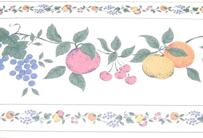 Wallpaper Border Country Kitchen Fruit Grapes Peach Plum White Vinyl EH99751 new