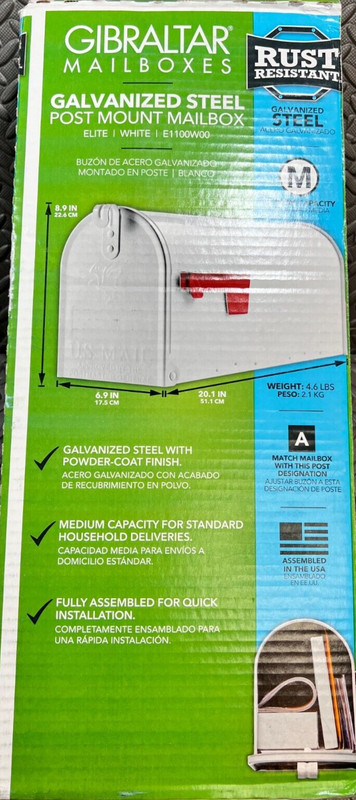 Mailbox, Galvanized Steel, Post Mount, Color-White, Med Capacity Slight Dent