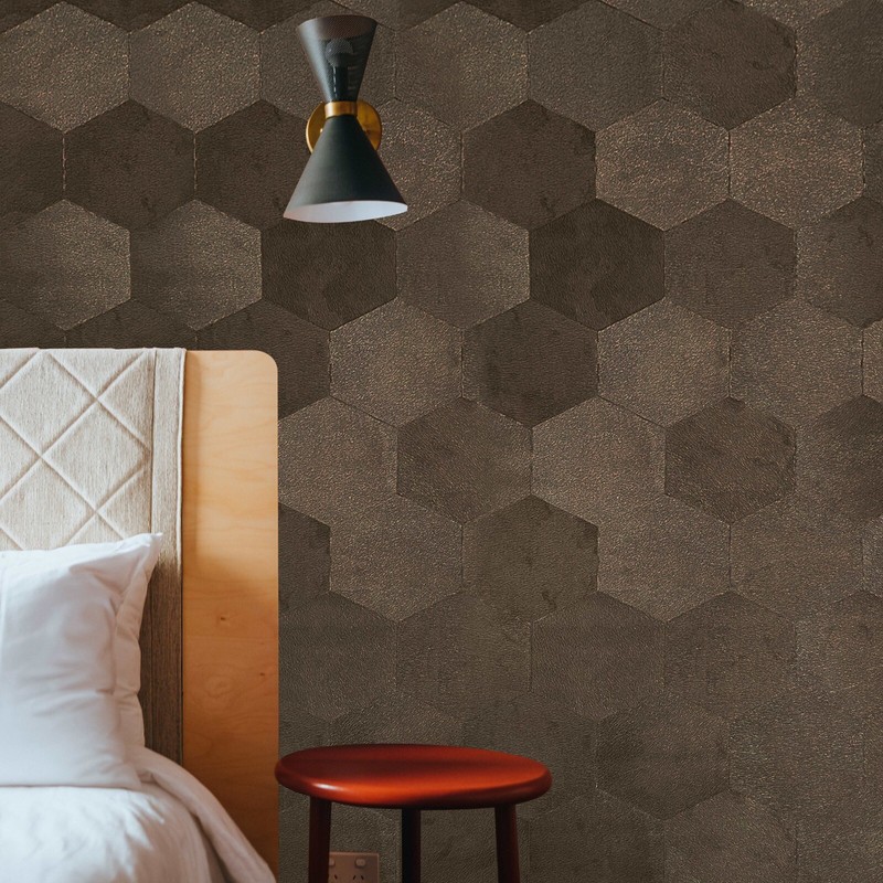 Geometric Hexagon bronze brown metallic wallpaper faux cow hide skin textured 3D