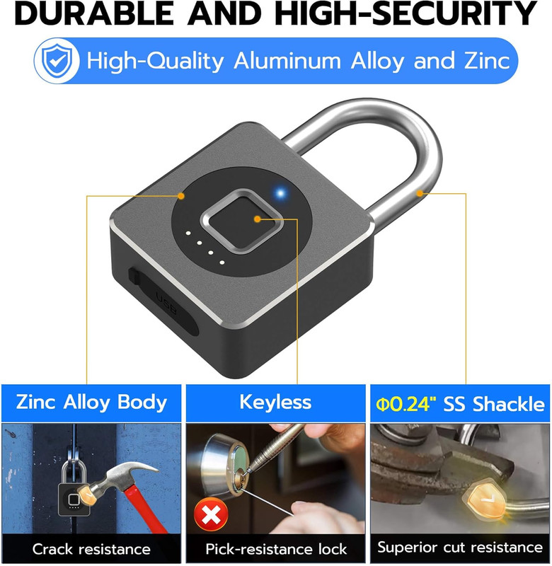Fingerprint Gym Locker Lock, Keyless Biometric Padlock, Weatherproof Electronic gallery
