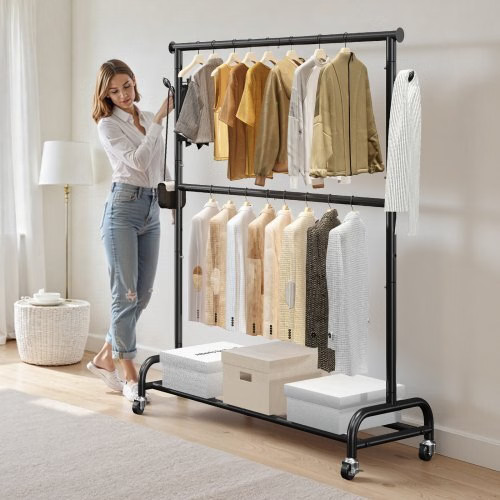 Clothes Rack, Rolling Clothing Garment Rack with Adjustable Crossbar and Side Ho gallery
