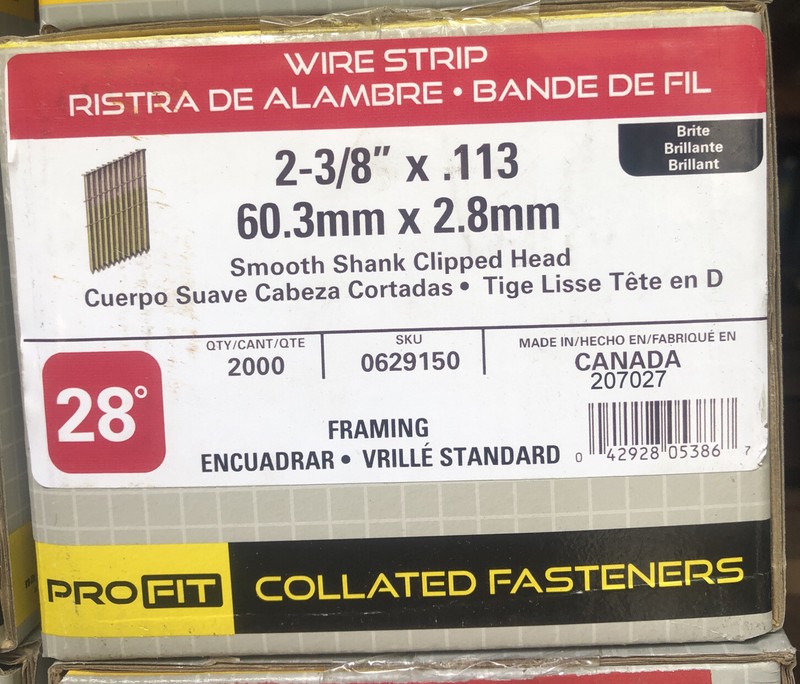 PRO FIT 2-3/8” x .113 Smooth Wire Strip Part# 0629150 28 Degree Box Of 2000