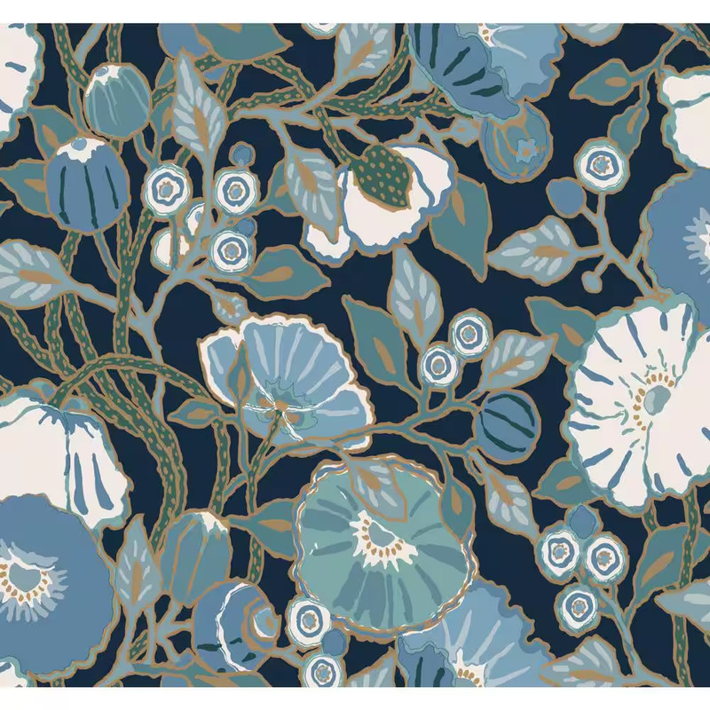 Vincent Poppies Indigo Multi-Colored Metallic Pre-Pasted Paper Wallpaper 60.75 S gallery