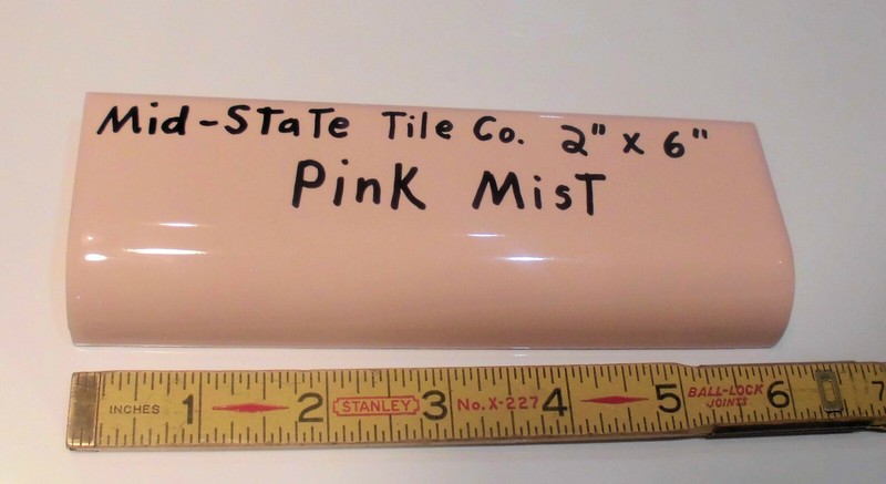 1pc. *Peachy Pink Mist* Glossy Ceramic Radius Mud Cap Bullnose Tile; 2″ X 6″ NOS