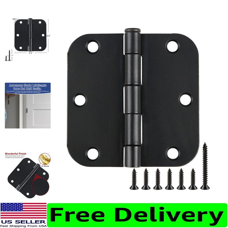 3 Pack Matte Black Rounded Door Hinges 3.5 Inch – Heavy Duty Iron Hardware