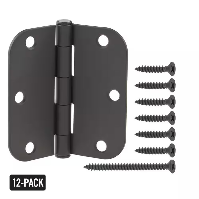 12-Pack 3-1/2 In. X 5/8 In. Radius Matte Black Squeak-Free Butt Door Hinge