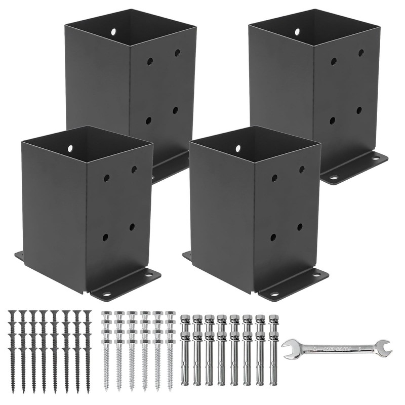 4×4 Post Base 4 Pcs, (Inner Size 3.6″x3.6″) Post Brackets, Heavy Duty Black M…